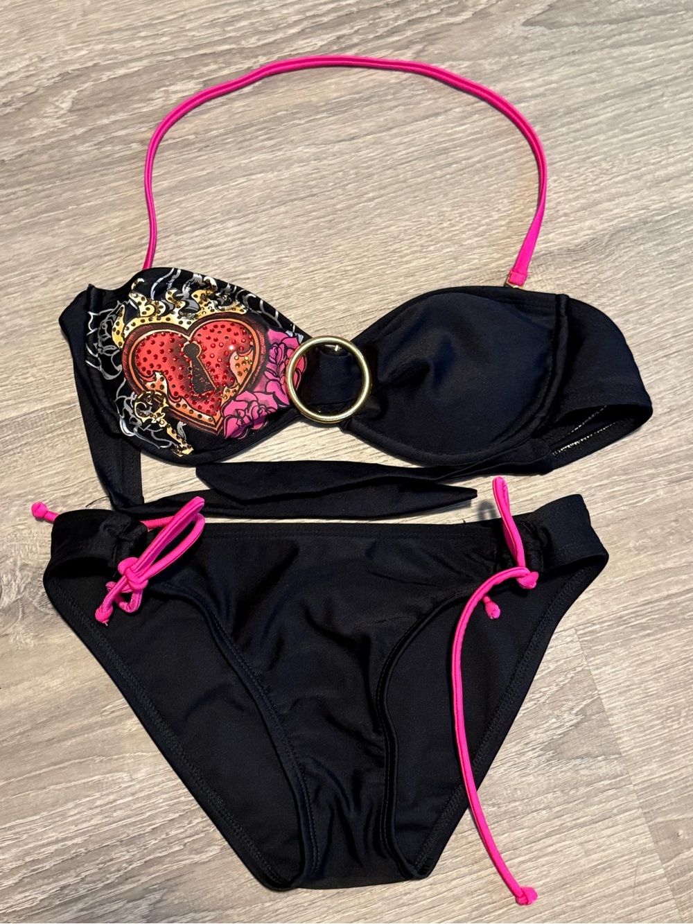Split Rhinestone Heart Rose Flower Lock Key Flame Bikini Swimsuit Bathing Suit